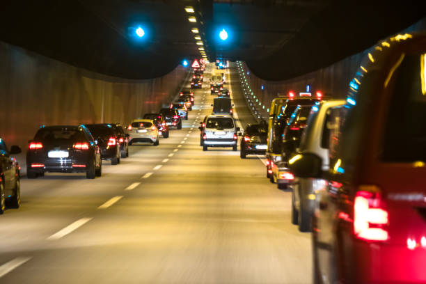 the traffic is queing in the elbtunnel of the city of hamburg, germany